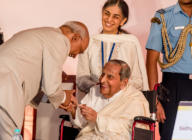 The President greets Dada J.P. Vaswani at the start of the inauguration